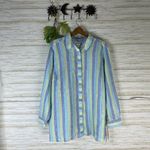 Foxcroft NWT  NYC Blue Green Vertical Striped Linen Button Down Shirt Photo 1