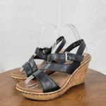 B.O.C Womens Schirra Sandals 7 Black Leather Cork Wedge Sling Back Buckle Strap Photo 3