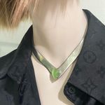 Vintage Unsigned Green Moonstone Cat Eye Center Silver Collar Necklace Photo 2