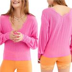Free People Dream Girl Hot Pink V-Neck Bishop-Sleeve Sheer Knit Sweater Small Photo 1