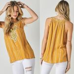 Davi & Dani  Womens Tank‎ Size Medium Mustard Striped Embroidered Boho Top NEW Photo 1