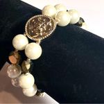 Charter Club NEW STRETCH BRACELET Imitation Pearl Gold Coin & Green Bead Two-Row Photo 2