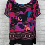 Dana Buchman  Sheer Overlay Floral Print Blouse Short Sleeve Scoop Neck Top #‎ Photo 0