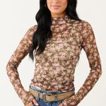 New In Boutique Floral Sheer Print High Neck Long Sleeve Mesh Top Small Brown Photo 0