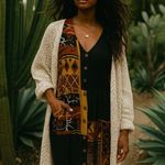 Vintage Pelican Cove 90s Boho Patchwork Rayon Midi Dress Festival Earthy Large Black Photo 0