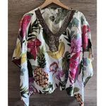 Peck & Peck  100% Linen Blouse M Floral Beaded Collar Poncho Oversize Boxy Kimono Photo 0