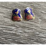 Vintage Cloisonne Earrings 70s Enamel Butterfly Floral Pin Post Backs Blue Photo 4