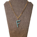 F Initial Pearl Gold Link Necklace Choker Charm Blue Photo 0