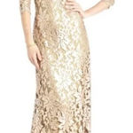 Tadashi Shoji  Lace Gold Sequin Mother of the Bride Formal Gown Long Maxi Dress 6 Photo 0
