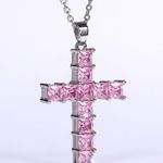 Silver & Pink Cross Necklace CZ Cubic Zircon Diamond Pendant,Jesus, Church,Bling Photo 1