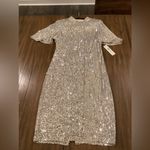 Eliza J  Silver Sequin Sheath Flutter Sleeve Mock Neck cocktail Mini dress 8 NWT Photo 14