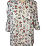 Karl Lagerfeld  Paris Print Postage Stamp Roll Tab Sleeve Top Women‎ Size Large Photo 0
