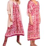 Johnny Was  Cardinal Printed Scallop Hem‎ Floral Print Midi Dress in Pink Size L Photo 2