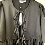 Noisy May NWT  Leyla Bow Tie Front Short Sleeve Shift Dress Satin Black Mini Photo 3