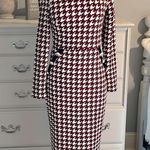 Houndstooth  Dress Long Sleeve Mid Calf Crimson Red Womens Medium New Photo 1