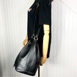 BURBERRYS Large Black Leather Bucket Drawstring Bag Nova Check Lining Authentic Photo 10