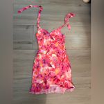 NEW Watercolor Halter Backless Ruffle Trim Bodycon Mini Dress S Pink Photo 3
