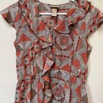 Miss Tina Women’s Coral Brown Geometric Ruffle Short Sleeve Boho Zipper Dress S Photo 2