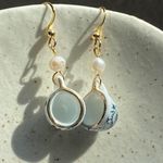 Handmade porcelain tea cup & freshwater pearls unique fun fairy antique style dangle earrings🫖🍃🌀 Photo 5