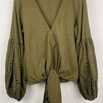 Lovestitch  Green Swiss Dot Boho Front Tie V-Neck Eyelet Long Sleeve Top Size M Photo 0