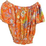 Nicole Miller Orange & Multicolor Paisley Floral Print Smocked Blouse Size M Photo 2