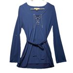 Michael Kors Sz M Blue Blouse Tie With Silver Lace Chain Roll Up Long Sleeves Photo 0