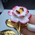 Pink & White Porcelain Rose Bud Flower Stem Brooch Pin Gold Tone Signed CR Photo 1