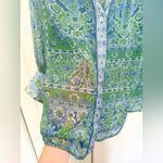 Gretchen Scott Designs Boyfriend Shirt Watteau Kelly/Blue Chiffon Blouse Large Green Photo 3