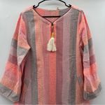 Soft Surroundings  Pink, Peach & Gray Striped Zip‎ Neck Tassel Sweater Size M Photo 1