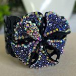 Vintage Wide Black Metal Bracelet with Jeweled Orchid Flower Purple Photo 1