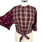 Angie Plaid Floral Button-Up Tie-Front Blouse Burgundy Size Large Photo 2
