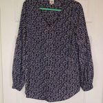 CAbi  Te Amo Love Script Blouse Navy Blue Balloon Bishop Sleeve Style 5336 Size L Photo 0