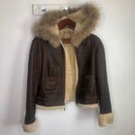 Blue Duck Leather Real Fur Bomber Coat Jacket M Brown Trim Medium Photo 1