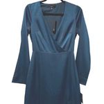 Lulus Inspired Confidence Dark Teal Satin Long Sleeve Mini Dress Front XS Green Photo 1