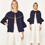 ZARA  Basic Western Navy Blue Bell Sleeve Fringe Aztec Trim Jacket Size XS NWT Photo 1