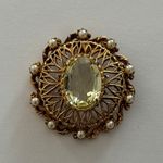 Florenza Glorious Vintage Pendant W Tiny Pearls & A Large Yellow Rhinestone Photo 0