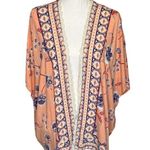 Angie  Kimono Womens M Boho Floral Print Open Cardigan Lace Trim Dolman Peach Photo 3
