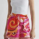 EXPRESS Pink Orange Swirl Print Elastic Waist Tie Shorts L boho fairy Y2K Photo 0