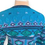 Vintage 90s Cardigan Sweater Round Neck Bright Blue Hand Knit Abstract Pattern Photo 4