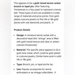 Source Unknown Gold-Tone Tennis Racket Brooch/Pin with Rhinestone Ball Photo 4