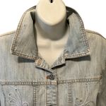 Chico's Chico’s Denim Stretch Jean Jacket Sz 1/M Embroidered Rhinestone Bling Button Up Photo 1