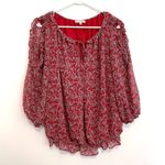 Max Studio  Georgette Elbow Sleeve Cold Shoulder Blouse Red White Floral Boho Top Photo 2