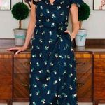 Draper James  Navy Yellow Floral Wrap Dress - Size 6 - 100% Linen Photo 1