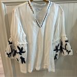 Chico's Chico’s Lantern Sleeve White Linen Peasant Top Blue Embroidery Beadwork 2 L Photo 1