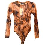 ZARA NWT Sheer Mesh Marble Print Bodysuit Sz Small Long Sleeve Brown Photo 1