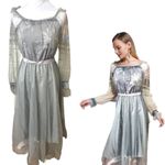 Gray Midi Dress‎ Long Sleeve Floral Embroidered Party Cocktail Evening Photo 3