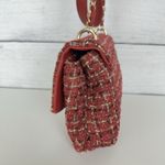 Badgley Mischka Woven Tweed Messenger Bag Gold Red Coquette Pearls Chain Photo 5