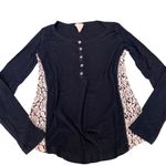 Andrea Jovine Black Long Sleeve Henley Top Contrast White Rose Lace Panels Sz S Photo 3