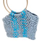 Handmade  Crochet Tote Bag Gray Blue Striped Yarn Purse with Wooden Round Handles Photo 4