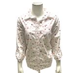 Christopher & Banks  Petite Medium White Button Up Shirt Pink Red Heart Print Top Photo 1